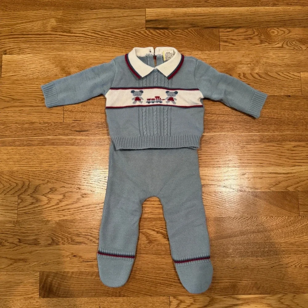 Vintage Knit Sweater & Footed Pants Set Infant 3 Months Blue Bear Train 2pc